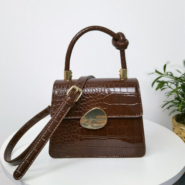 

Croc Embossed Metal Decor Satchel Bag, Coffee brown