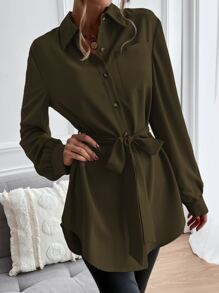 SHEIN LUNE Camisa unicolor con botón delantero con cinturón - Verde militar - Ver 3