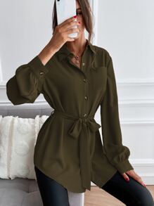 SHEIN LUNE Camisa unicolor con botón delantero con cinturón - Verde militar - Ver 4