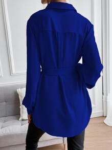 SHEIN LUNE 素色前紐扣腰帶襯衫 - 寶藍色 - 查看 2