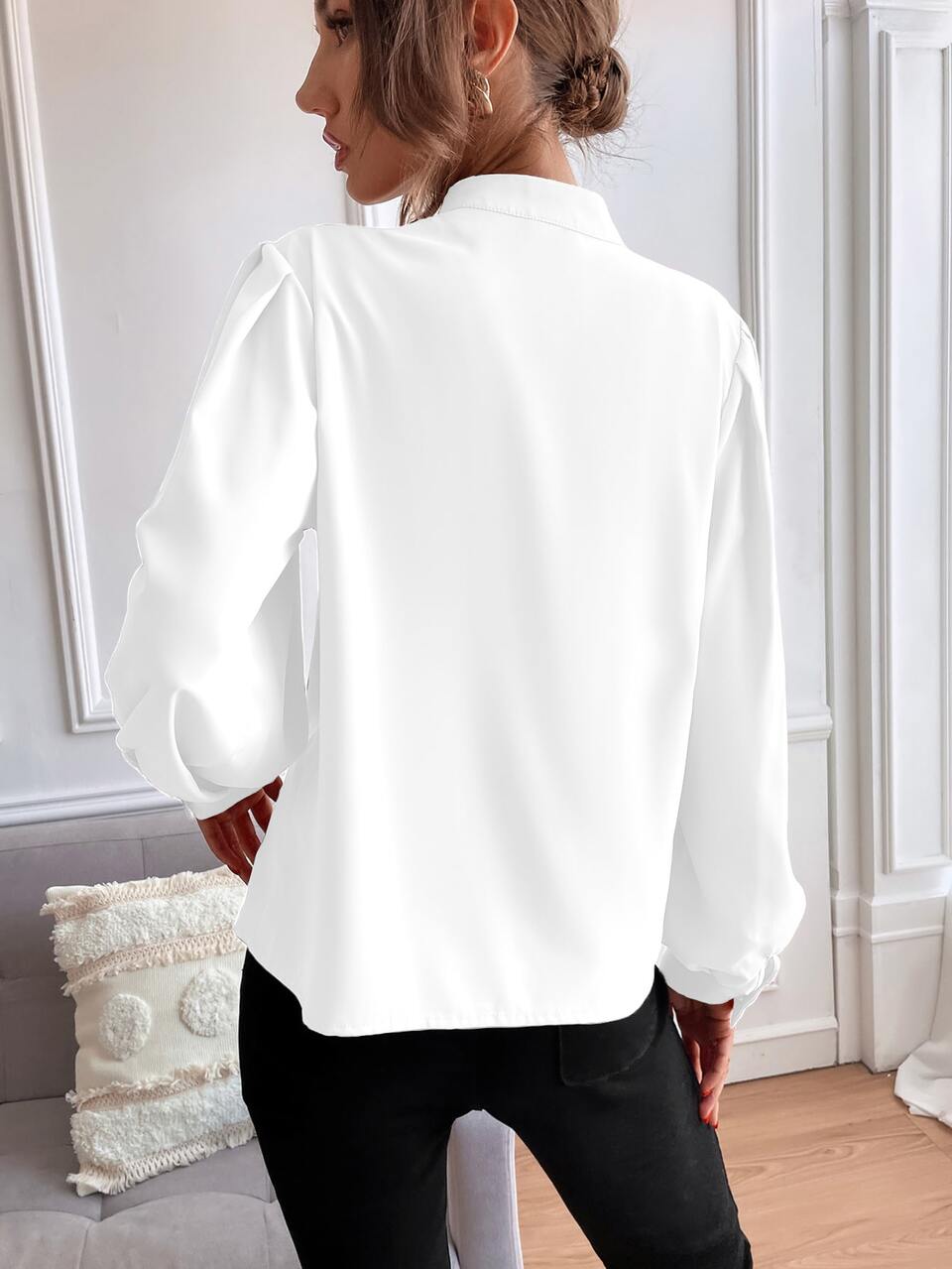 Bishop Sleeve Button Up Blouse,Long Sleeve Tops Fall Cloth For Women