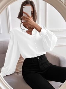 Chiquease Bishop Sleeve Button Up Blouse,Long Sleeve Tops Fall Cloth For Women - White - View 4