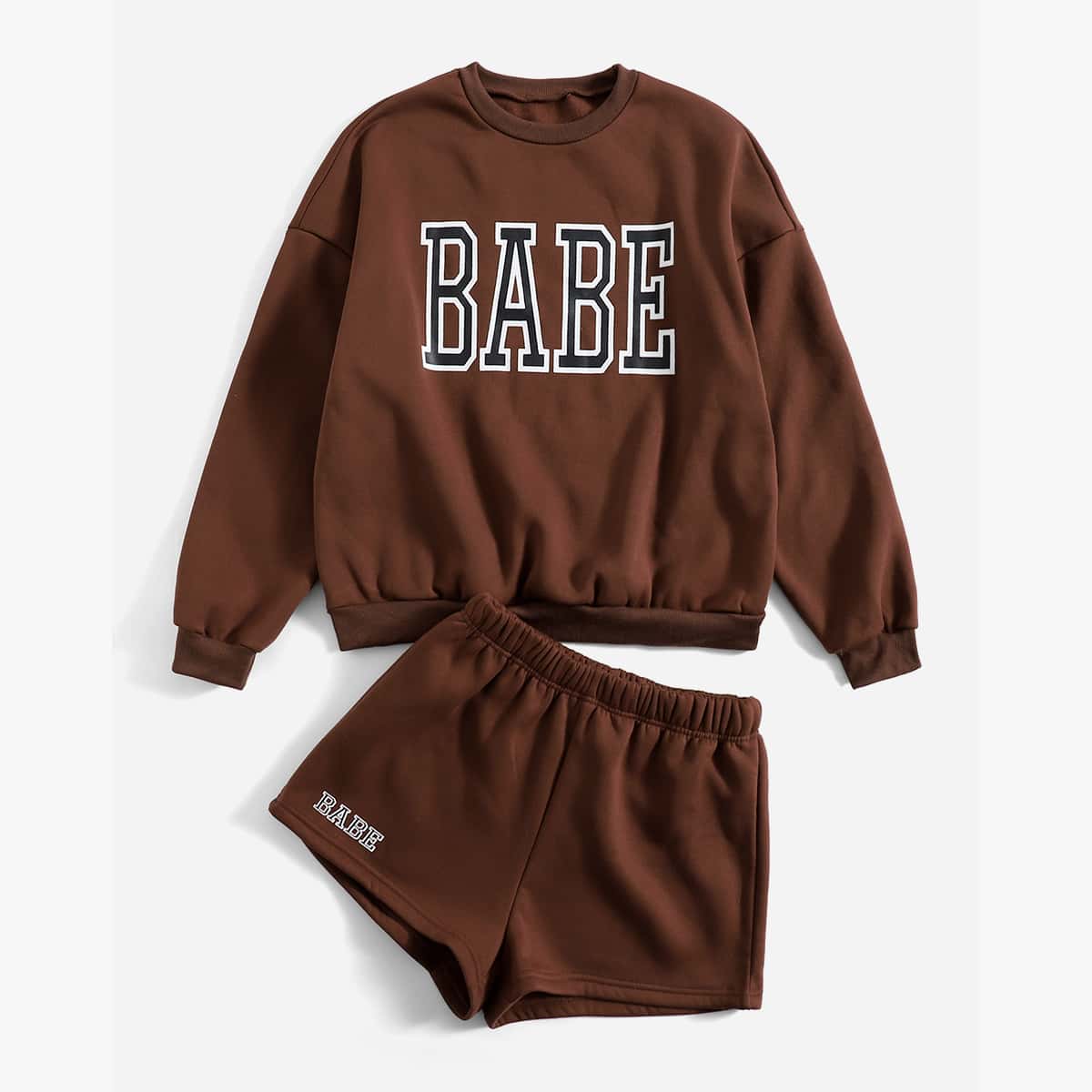 Letter Print Sweatshirt & Shorts, Coffee brown