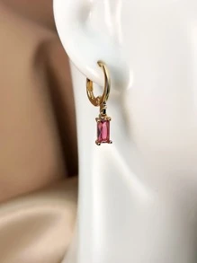 幾何方晶鋯石裝飾耳墜 - 粉色 - 查看 3