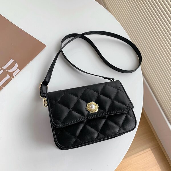 

Quilted Metal Detail Square Bag, Black
