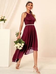 Contrast Lace High Low Dress Without Belt - Burgundy - View 1