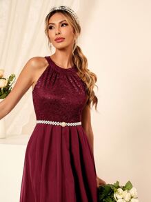 Contrast Lace High Low Dress Without Belt - Burgundy - View 3
