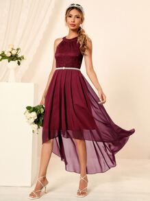 Contrast Lace High Low Dress Without Belt - Burgundy - View 5