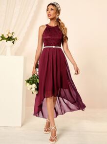 Contrast Lace High Low Dress Without Belt - Burgundy - View 6