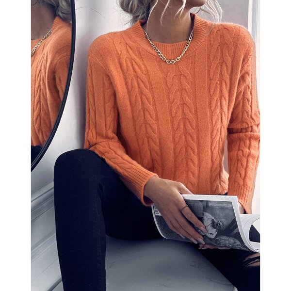 

Solid Round Neck Cable Knit Sweater, Orange