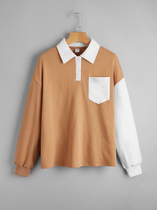 SHEIN Teen Girls Colorblock Drop Shoulder Patch Pocket Half Button Placket Pullover