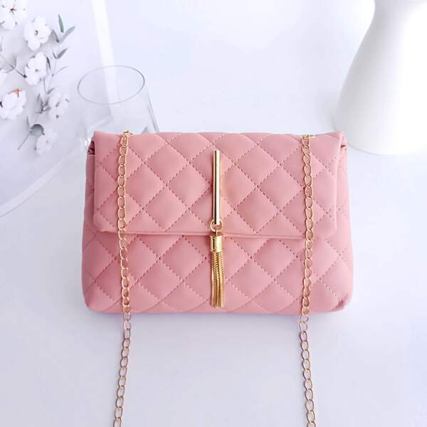 

Quilted Embossed Tassel Decor Chain Bag, Pink