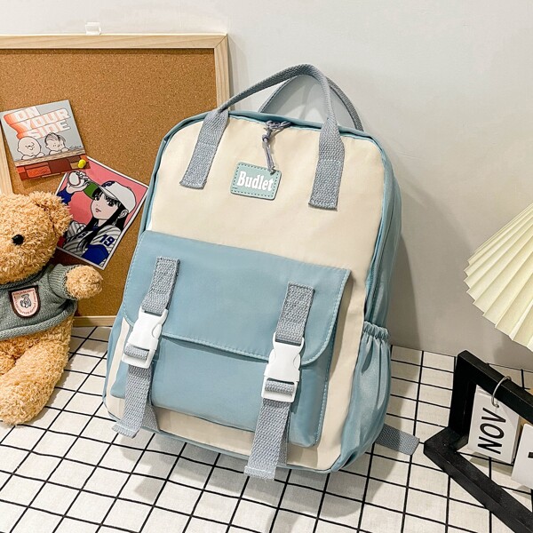 

Two Tone Buckle Decor Functional Backpack, Blue and white