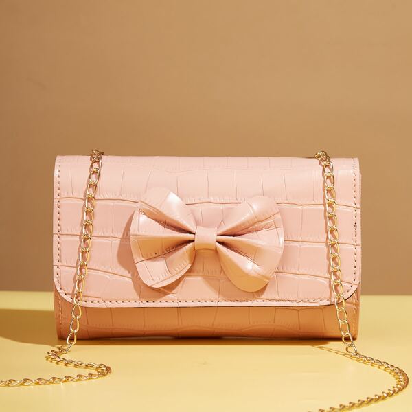 

Croc Embossed Bow Decor Chain Bag, Pink