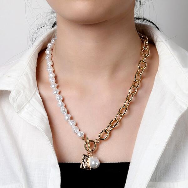 

Faux Pearl Pendant Chain Necklace, Gold