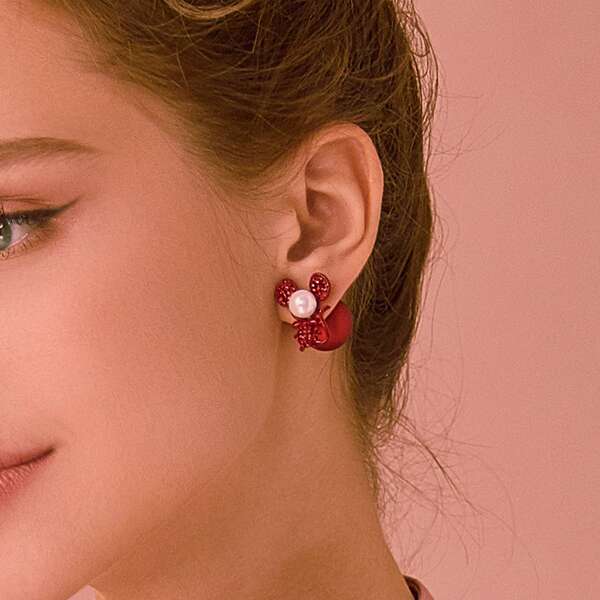 

1pair Pearl Decor Ear Jacket, Red