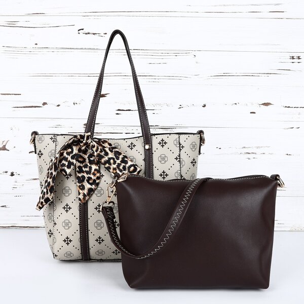 

2pcs Twilly Scarf Decor Shoulder Tote Bag Set, Multicolor