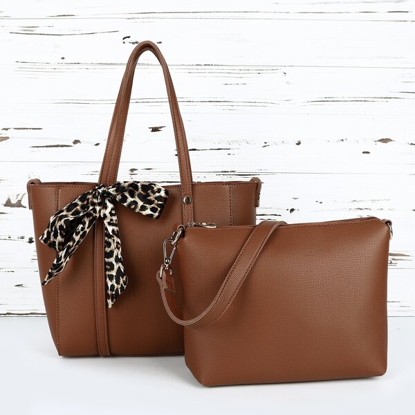 

2pcs Twilly Scarf Decor Shoulder Tote Bag Set, Brown