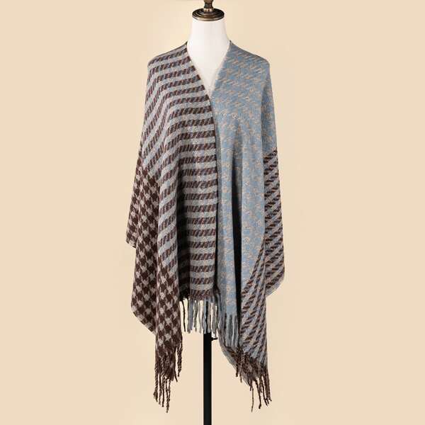 

Fringe Hem Houndstooth Print Scarf, Multicolor
