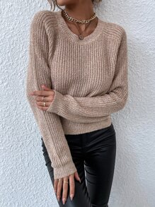 Jersey tejido jaspeado de cuello redondo - Caqui - Ver 4