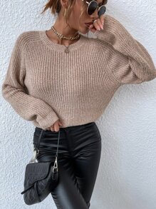 Jersey tejido jaspeado de cuello redondo - Caqui - Ver 5