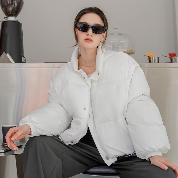 

Funnel Neck Drawstring Hem Puffer Coat With Removable Sleeves, White