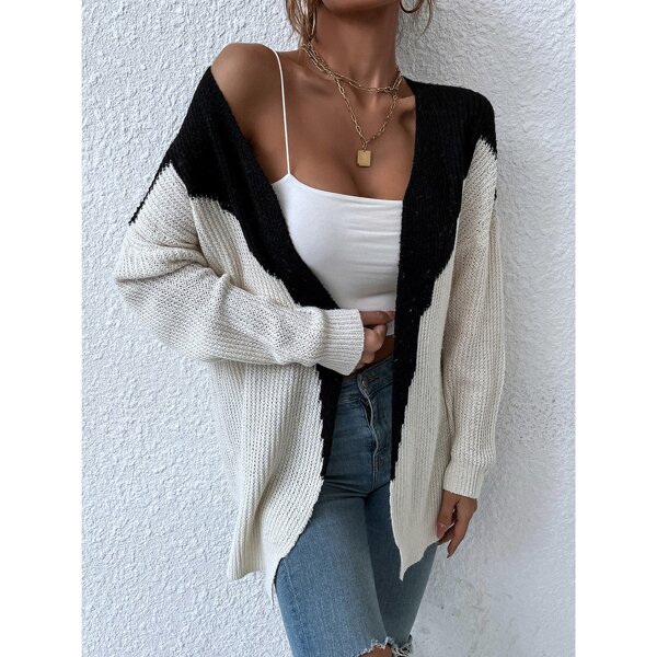 

Colorblock Open Front Drop Shoulder Cardigan, Black and white