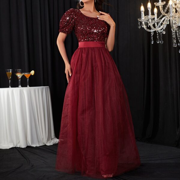 

Contrast Sequins Puff Sleeve Maxi Mesh Prom Dress, Burgundy