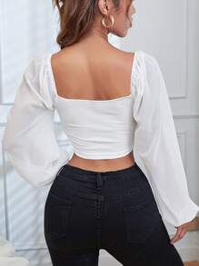 SHEIN Essnce Sweetheart Neck Drawstring Lantern Sleeve Crop Top - White - View 2