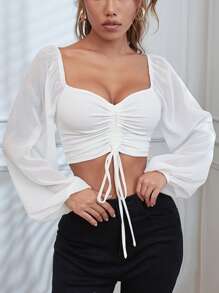 SHEIN Essnce Sweetheart Neck Drawstring Lantern Sleeve Crop Top - White - View 3