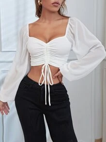 SHEIN Essnce Sweetheart Neck Drawstring Lantern Sleeve Crop Top - White - View 5