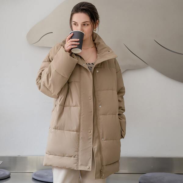 

Solid Button Up Winter Coat, Khaki