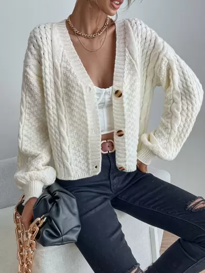 EMERY ROSE Cable Knit Solid Single Breasted Cardigan,Long Sleeve Tops Fall Winter Cloth For Women