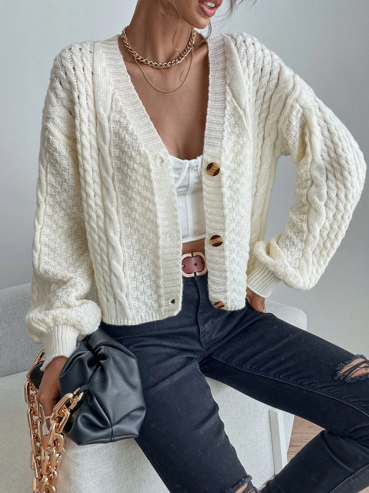 EMERY ROSE Cable Knit Solid Single Breasted Cardigan,Long Sleeve