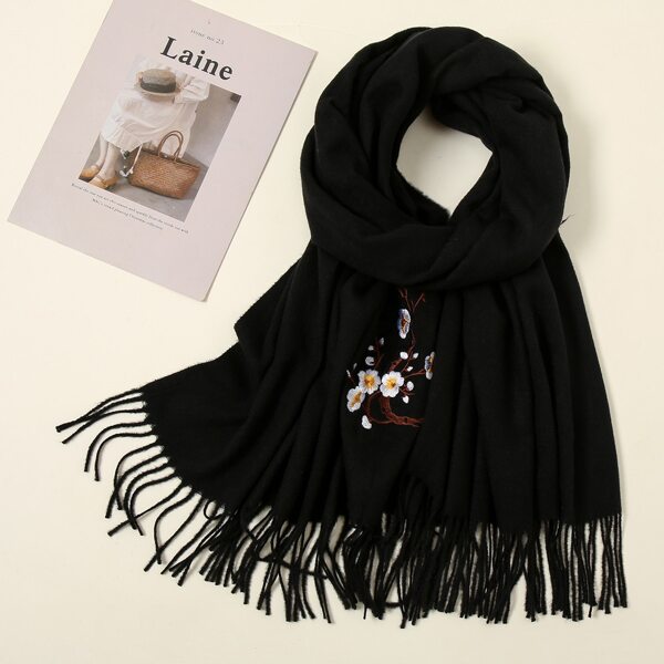 

Flower Embroidered Scarf, Black