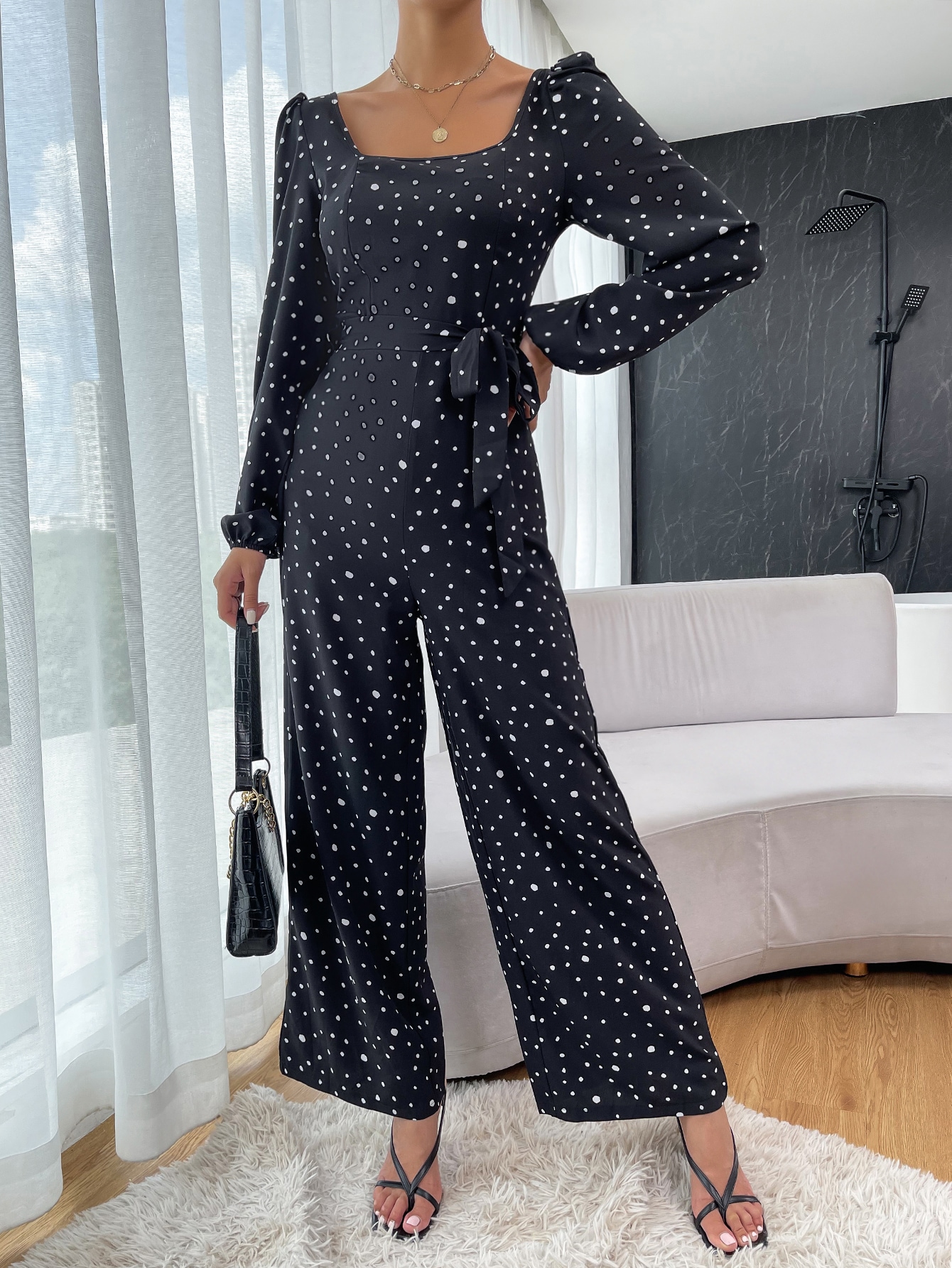 Allover Print Belted Elbow Sleeve Jumpsuit SHEIN USA