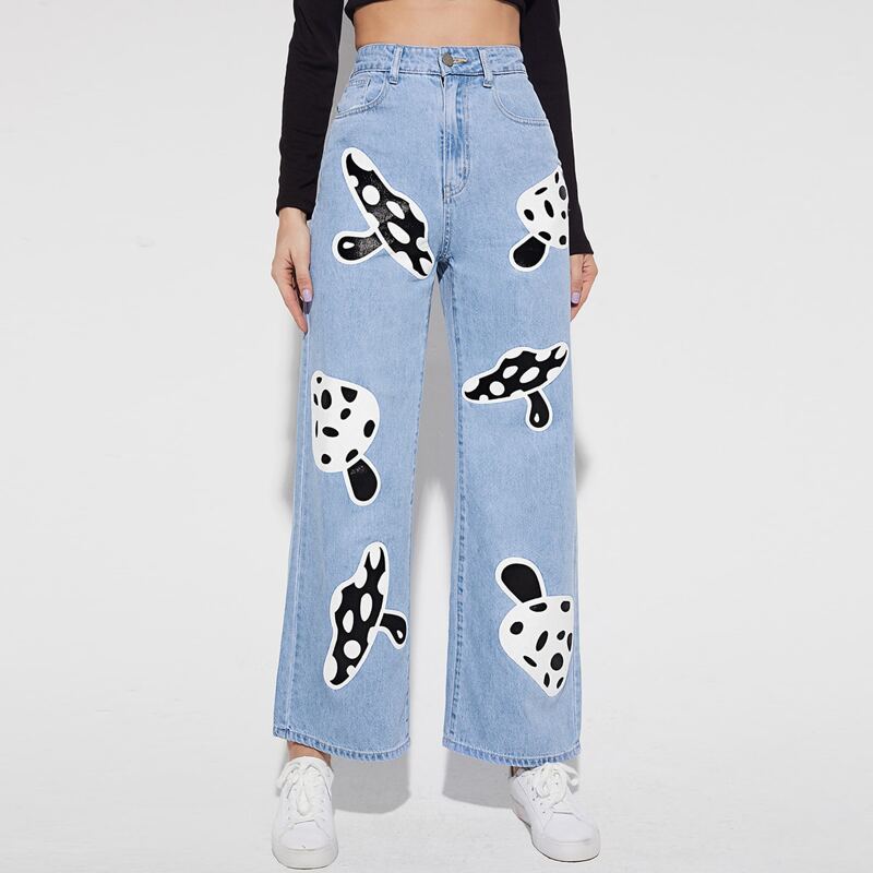

Mushroom Print Wide Leg Jeans, Light wash
