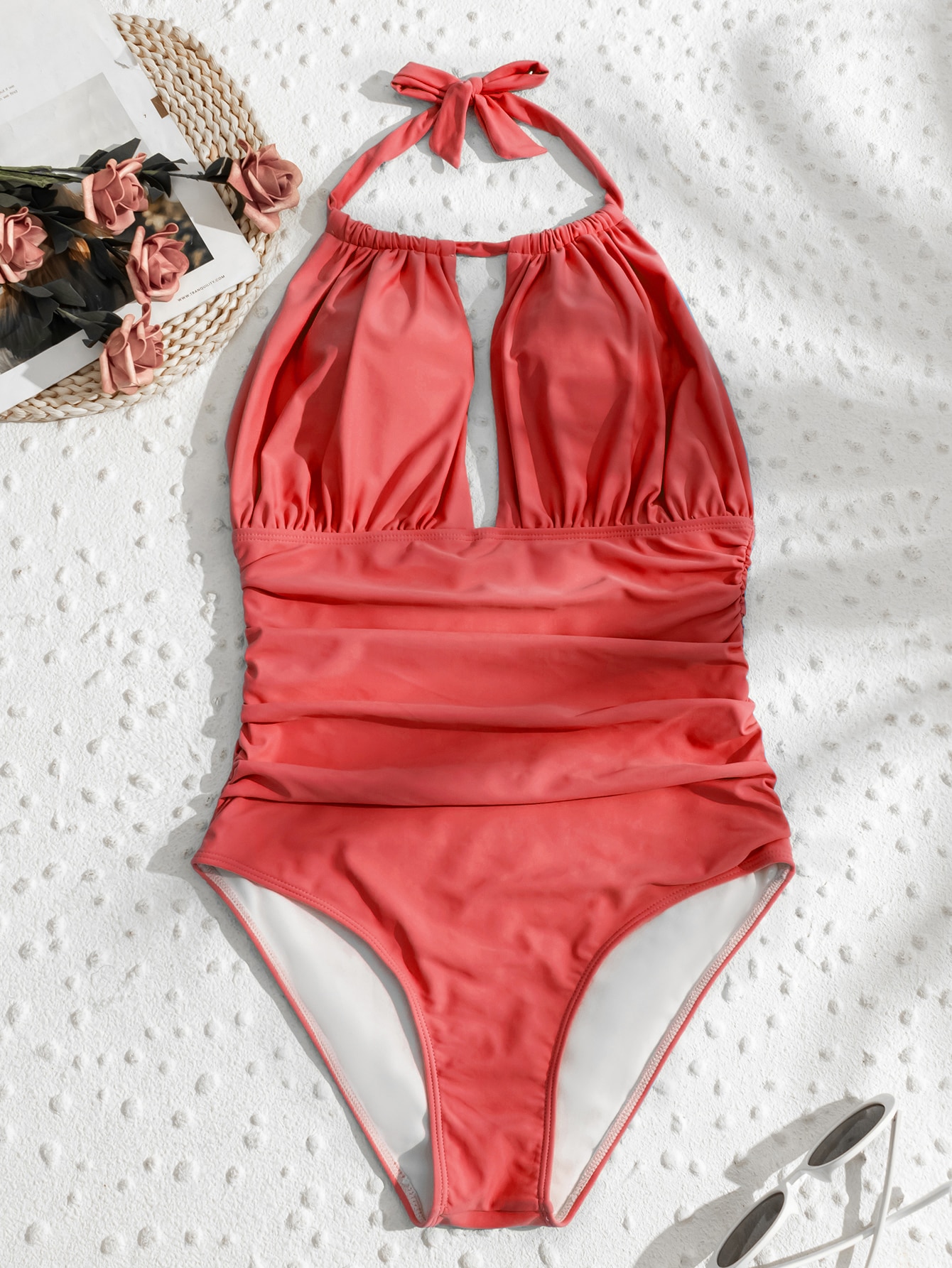 Plain Ruched Halter One Piece Swimsuit SHEIN USA