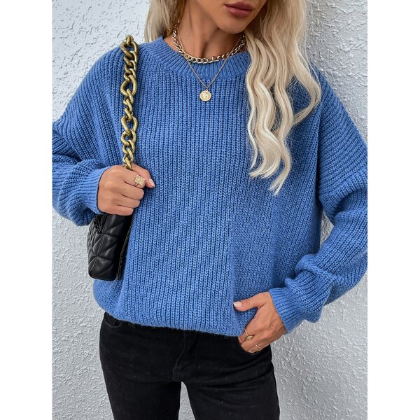 

Solid Cut Out Drop Shoulder Sweater, Blue