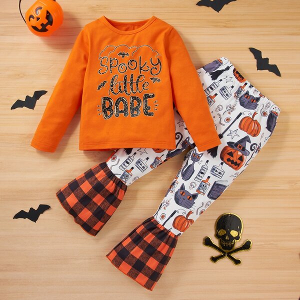 

Toddler Girls Letter Graphic Tee & Halloween Pumpkin Print Flare Leg Pants, Multicolor