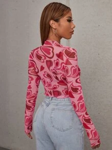 SHEIN ICON Heart Print Crop Mesh Heart Tights Top - Pink - View 2