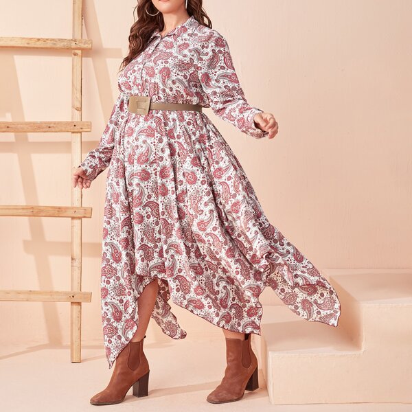 

Plus Paisley Print Asymmetric Hem Belted Dress, Multicolor