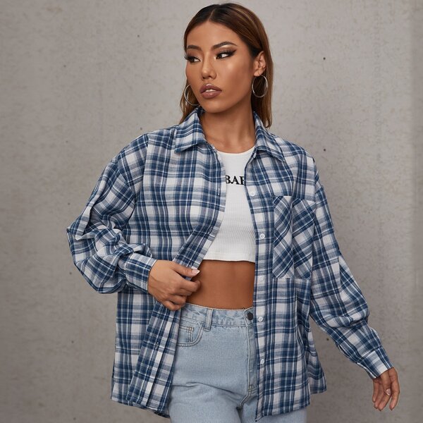 

Plaid Print Button Front Blouse, Blue and white