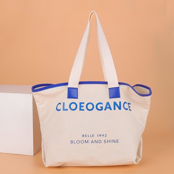 

Letter Graphic Shoulder Tote Bag, Blue and white