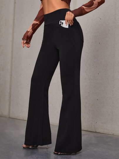 SHEIN Essnce Women Black High Waist Flared Pants With Phone Pocket For Everyday Wear