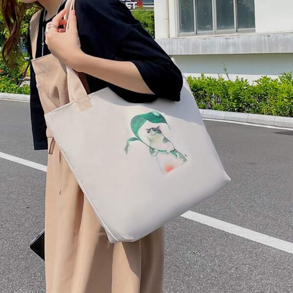 

Cat Graphic Canvas Shopper Bag, White