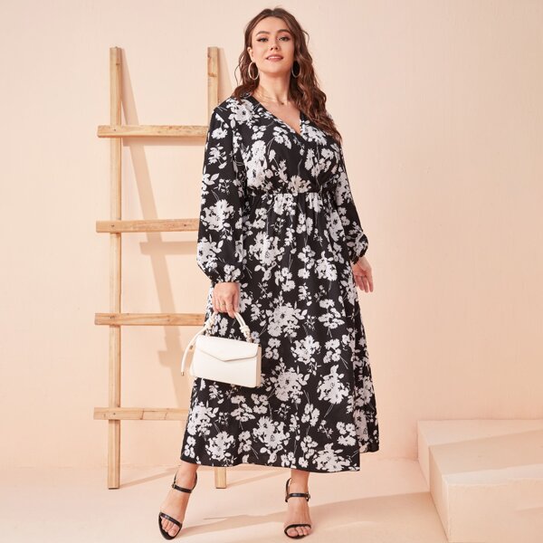 

Plus Floral Print Lantern Sleeve Overlap Collar Dress, Multicolor