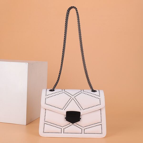 

Solid Studded Decor Chain Shoulder Bag, White