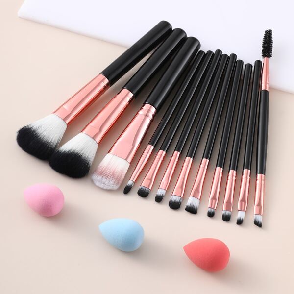 

12pcs Makeup Brush & 3pcs Makeup Sponge, Black