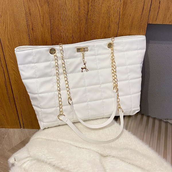 

Metal Decor Quilted Shoulder Tote Bag, White
